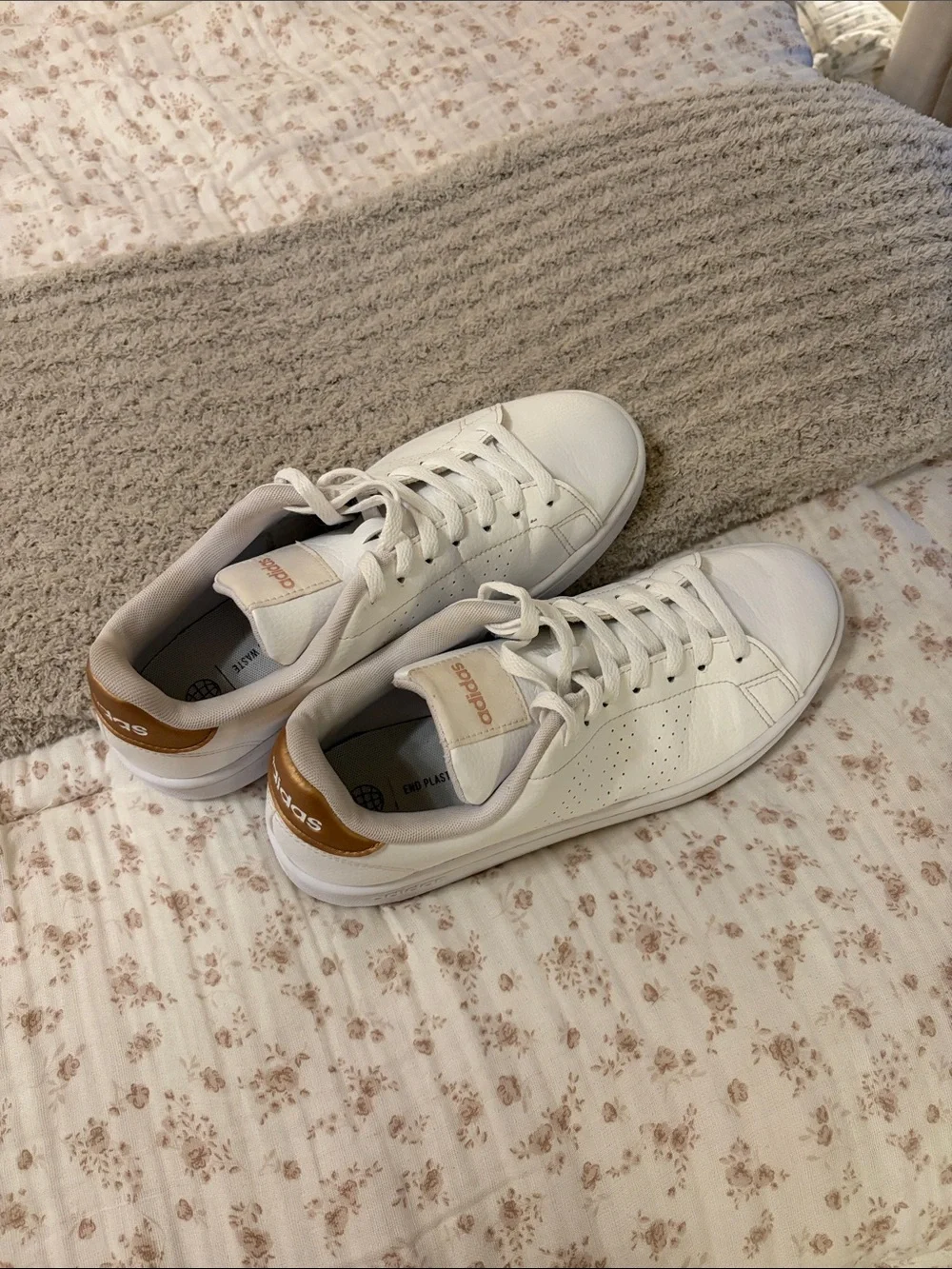 adidas White Leather Low-Top Sneakers with Gold Logo Accents